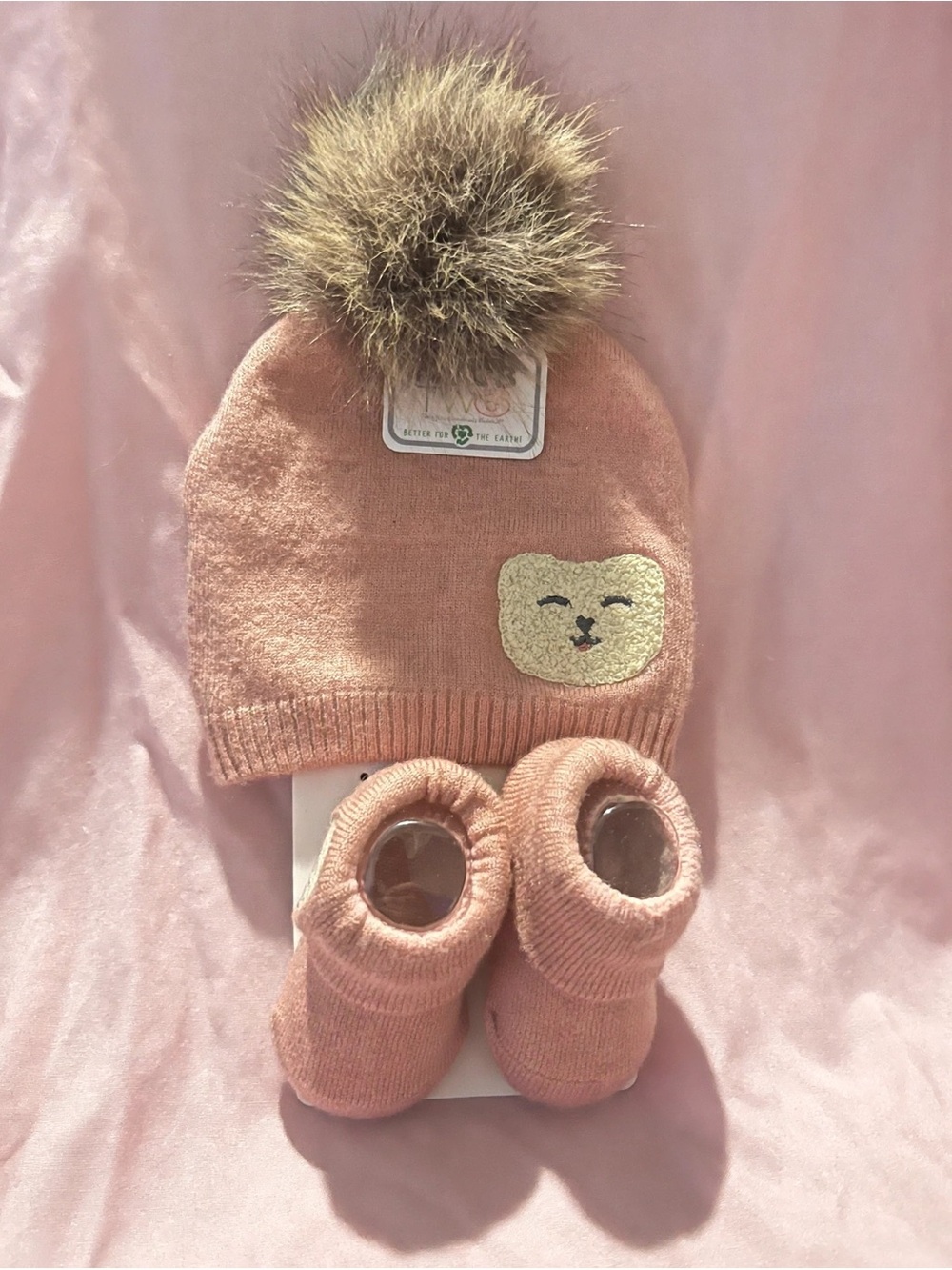 Soft Pink Knit Kids Pom-Pom Beanie with Bear Patch and Matching Booties